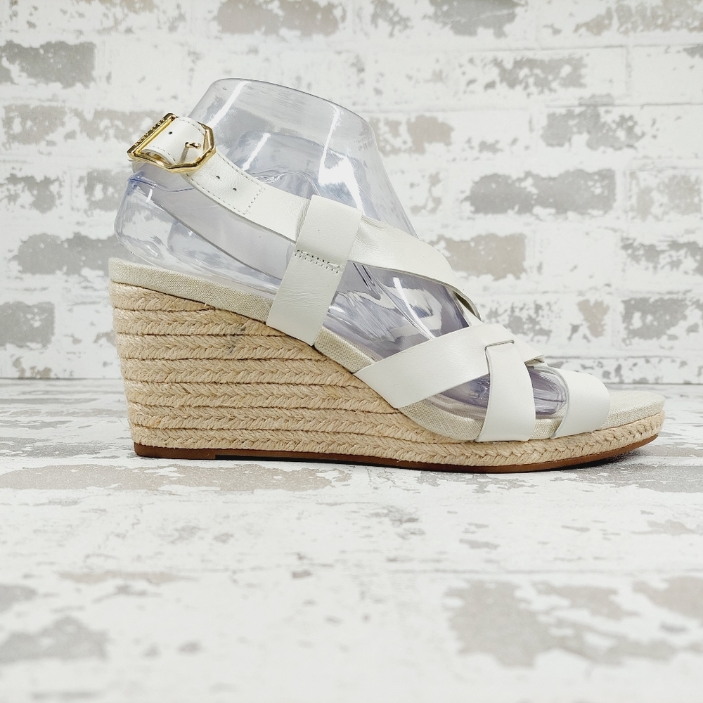 NEW Cole Haan Crystal White Leather Buckle Sling Back Summer Wedge Sandals K131 - Picture 5 of 13